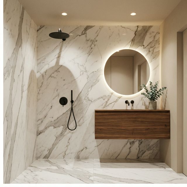 Baño premium con mármol y madera
